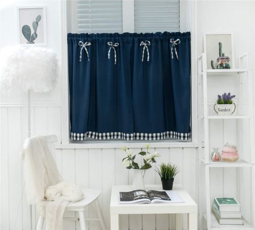 Dreamskull Lot de 2 rideaux courts pour fenêtre de cuisine moderne à carreaux 90 cm, bleu foncé, 74 x 90 cm*2