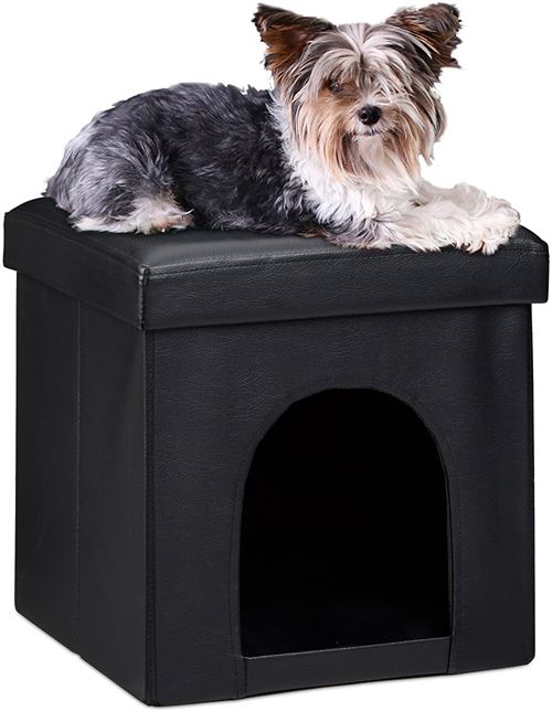 Relaxdays 10019046 Maison pour petits chiens et chats pliable pliante banc en similicuir confortable Tabouret abri panier malle cube niche HxlxP : 38 x 38 x 38 cm repose-pieds couvercle amovible, noir