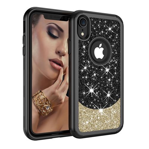 Coque en silicone flash 3-en-1 hybride résistant aux chutes noir/or pour votre Apple iPhone XR 6.1 inch