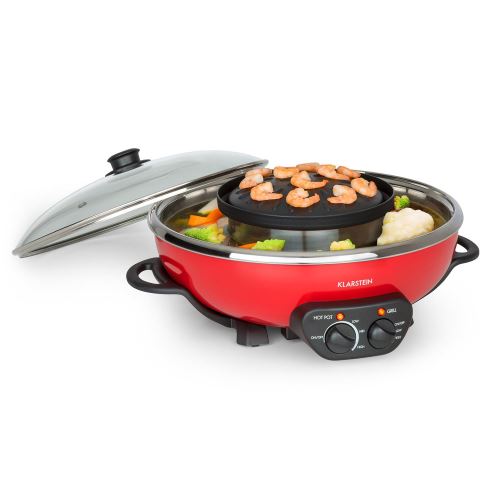 Klarstein Tafelrunde Appareil De Cuisson 2-En-1 : Hot Pot 5 Litres & Plaque De Grill 1350W - Rouge