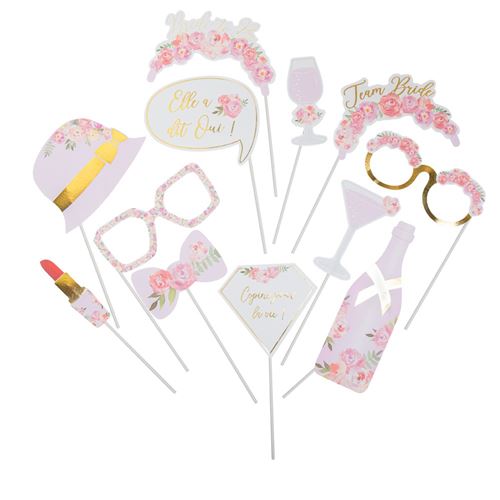 kit photobooth carton evjf fleuri 12 pièces rose - Coloris : Rose90813