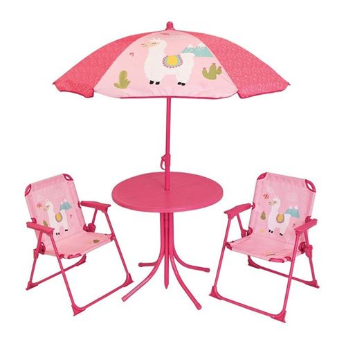 FUN HOUSE 713141 LOLA LAMA Salon de jardin avec une table , 2 chaises pliables et un parasol pour enfant