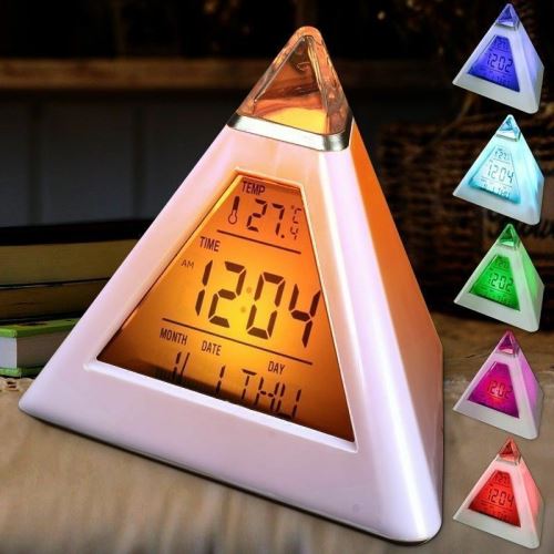 7 couleurs colorées pyramide LCD réveil thermomètre nuit lumière