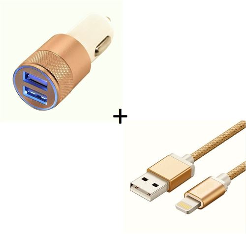 Pack Chargeur Voiture pour IPHONE 7 Lightning (Cable Metal Nylon + Double Adaptateur Prise Allume Cigare) (OR)