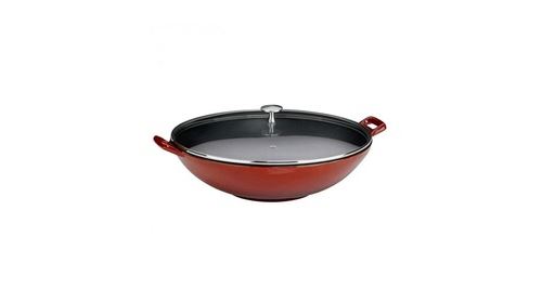 Grand wok en fonte émaillé rouge avec couvercle en verre