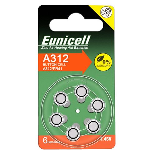 Pack de 6 Piles bouton Zinc Air 1,45V pour appareils auditifs Type A312/ 312 / PR41 - IRIOS -