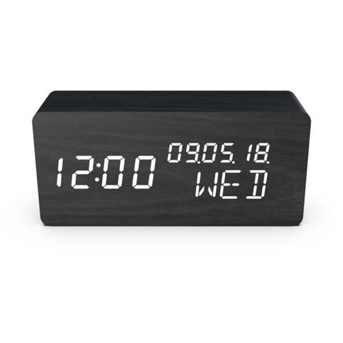 Réveil 4 en 1 Wood - Heure, Date, Jour et Température - Bois - Noir