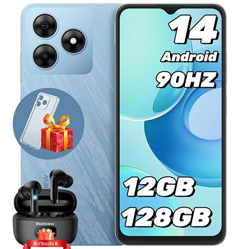 Blackview WAVE 8 Téléphone Portables 6.56 Android 14 ROM 128 Go Double SIM Bleu avec Blackview Airbuds 8