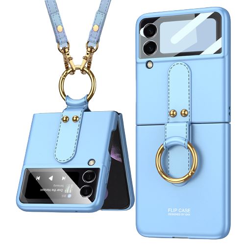 Coque Compatible Samsung Galaxy Z Flip 4 avec Support Anneau FONGWAN avec Bandoulière Cordon et Protection Objectif - Bleu