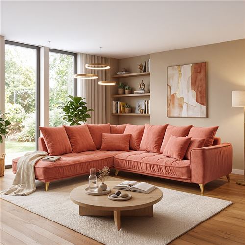 Canap&eacute; Velours Angle Gauche Rose Altamo - 4 Places - Rose