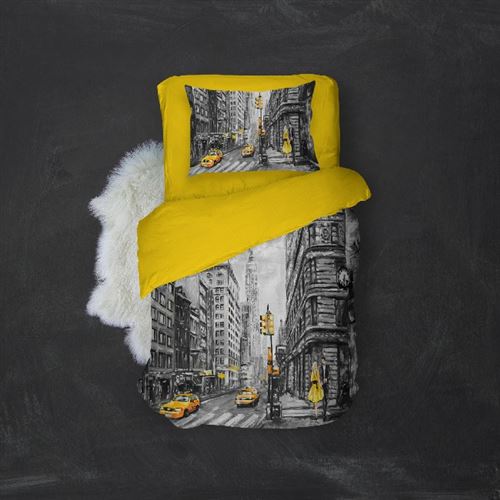 HOMEMANIA Pack oreiller et couette New York 2 - Gris, jaune - 155 x 210 cm