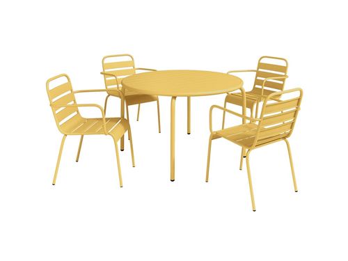 Salle à manger de jardin en métal - une table D.110cm et 4 fauteuils empilables - Jaune moutarde - MIRMANDE de MYLIA