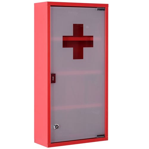 Armoire à pharmacie 3 étagères 4 niveaux verrouillable porte verre trempé dépoli logo croix 30L x 12l x 60H cm acier inox rouge