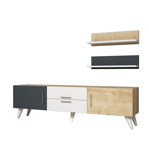 HOMEMANIA Only TV-Kast- Modern - met deuren, planken, planken, lade - van woonkamer - Wit, Eik, Antraciet in hout, PVC, 160 x 32 x 45 cm
