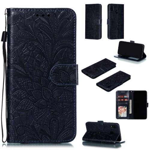 Etui en PU fleur de dentelle bleu foncé pour votre Samsung Galaxy A20/A30