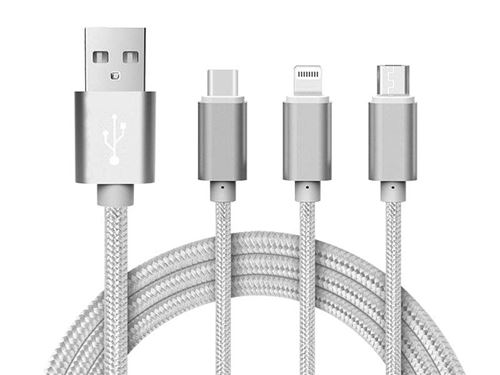 Reekin Chargeur 3 en 1 USB Micro, USB Type-C & Lightning - 1,2 Mètre Argenté-Nylon
