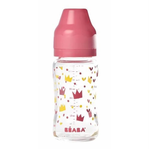 Biberon verre 240 ml couronnes jaune et rose - beaba