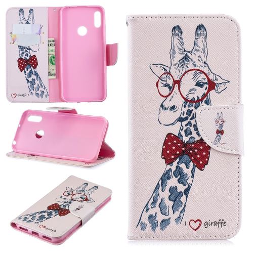 Etui en PU flip stand motif imprimé girafe portant des lunettes pour votre Huawei Y6 (2019)/Y6 Pro (2019)/Y6 Prime (2019)