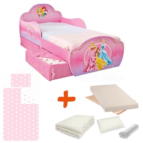 Pack complet Premium Lit design avec tiroirs Princesse = Lit+Matelas & Parure+Couette+Oreiller