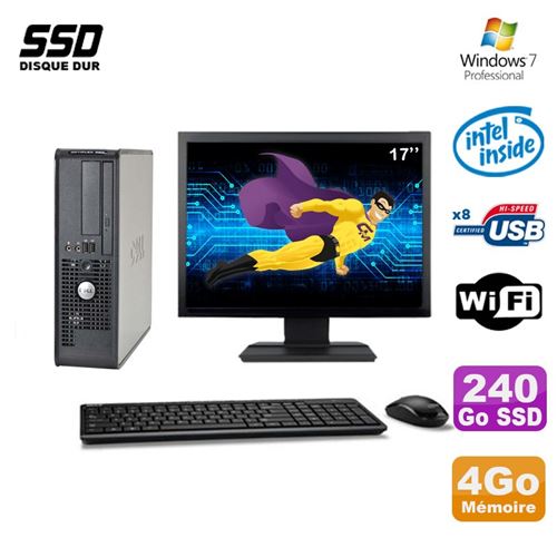 PC Dell 380 Sff E5200 2.5Ghz 4Go 240Go SSD Dvd WiFi Win 7 Ecran 17'