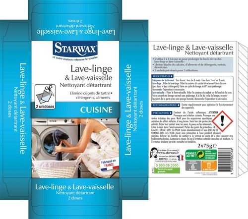 STARWAX, Nettoyant détartrant lave-linge & lave-vaisselle 2x75g, Starwax