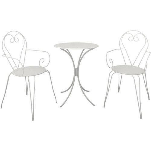 Set Table De Jardin Romantique En Fer Forge 60 Cm + 2 Fauteuils - Blanc