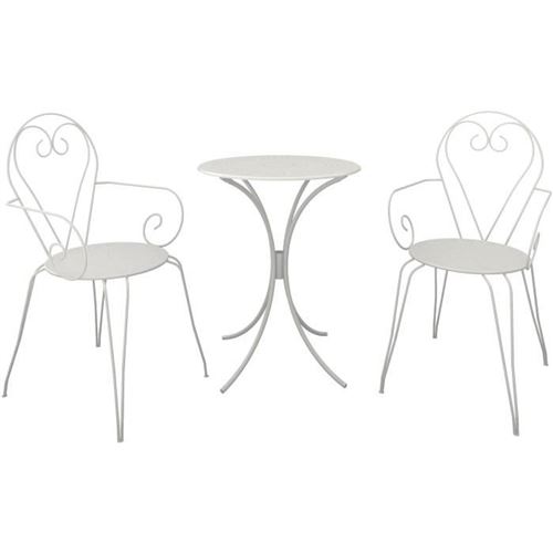Set Table de jardin romantique en fer forgé 60 cm + 2 fauteuils - Blanc
