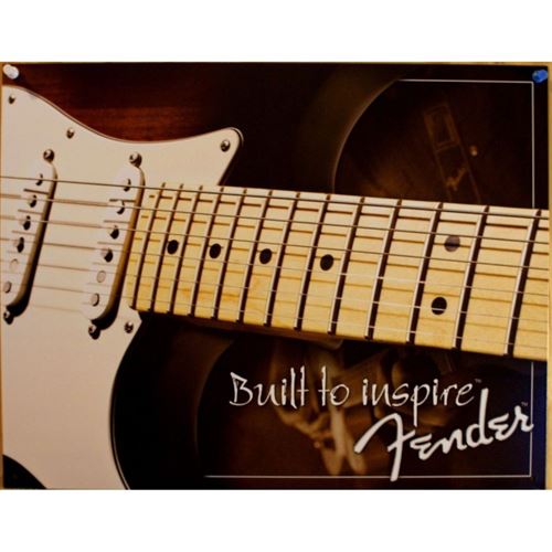 plaque fender built to inspire guitare tole deco affiche usa