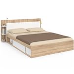 Lit double SARI avec rangements, sommier et tête de lit 140 x 190 cm bois et blanc