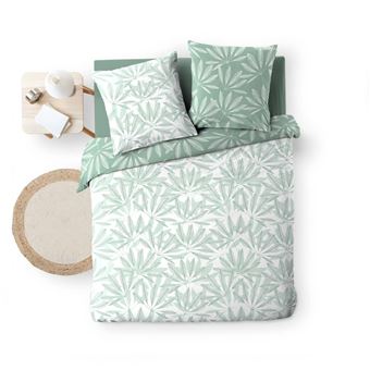 Housse De Couette Réversible - 240x260 Cm + Taies - Feuilles Blanches Et Beiges