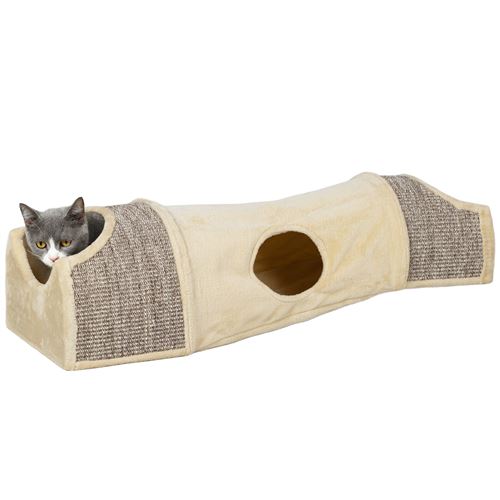 Tunnel pour chat modulable - 3 portes, 2 griffoirs - sisal peluche beige