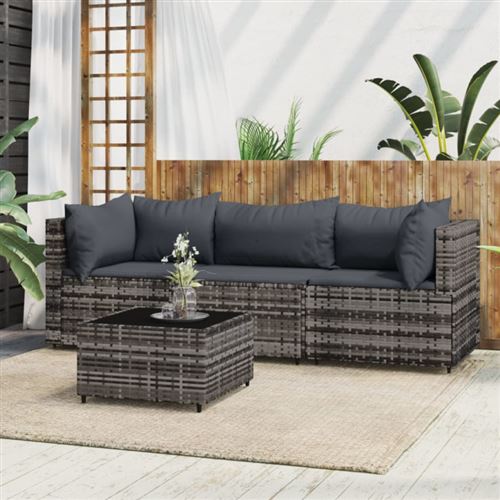 vidaXL 4-tlg. Garten-Lounge-Set mit Kissen Grau Poly Rattan