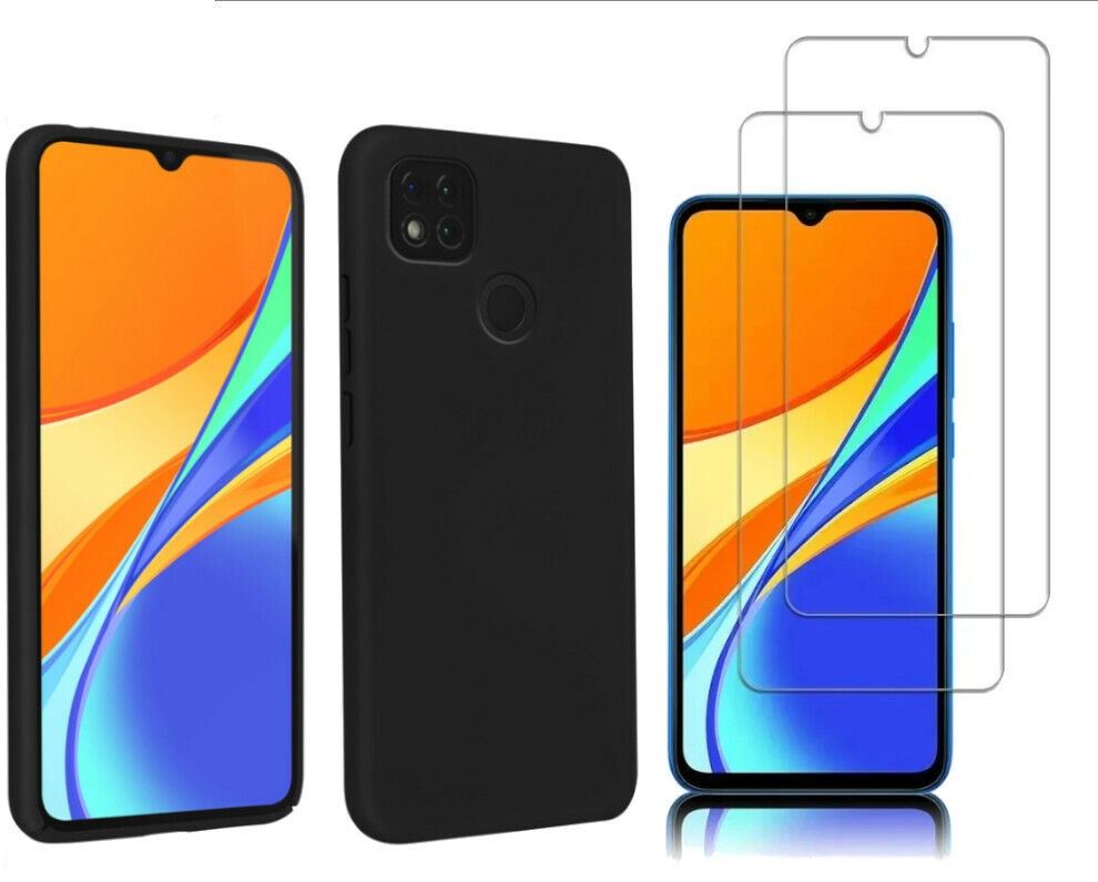 Coque Silicone Noire + 2 Films Verre Trempé Pour Xiaomi Redmi 10A / 9C - Protection Complète - Neuf