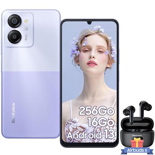 Blackview COLOR 8 Smartphone Débloqué 16 Go+256 Go 6.52 50MP+8MP 6000mAh Android 13 Violet avec Écouteurs Bluetooth AirBUDS 8