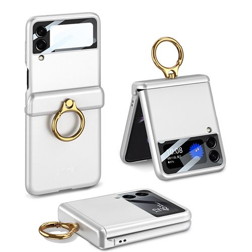 Coque Compatible Samsung Galaxy Z Flip 4 avec Support Anneau FONGWAN avec Charnière Magnétique et Protection Objectif - Blanc