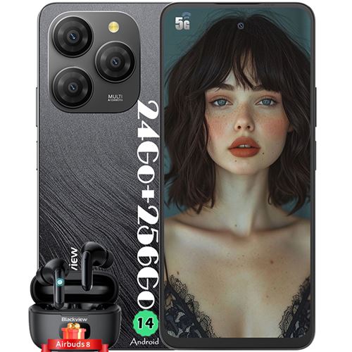 Blackview Shark 9 Smartphone Débloqué 5G Téléphone Portable Android 6.67 24Go+256Go 5000mAh 50MP NFC Noir avec Blackview Airbuds 8