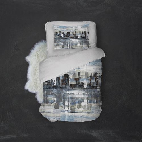 HOMEMANIA Pack oreiller et couette Skyline 1 - Blanc, gris, bleu - 155 x 210 cm