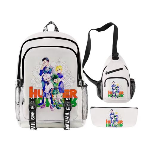 Lot de 3 pièces Sac à Dos, Trousse à crayons, Sac à Bandoulière Hunter X Hunter pour Garçon et Filles (SD1565) Blanc