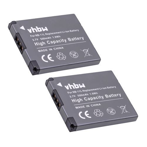 vhbw 2x Batterie compatible avec Canon IXUS 185, 165, 275 HS, 160, 320 HS, 245 HS, 240 HS, 190, 265, 170, 157 appareil photo (500mAh, 3,7V, Li-ion)