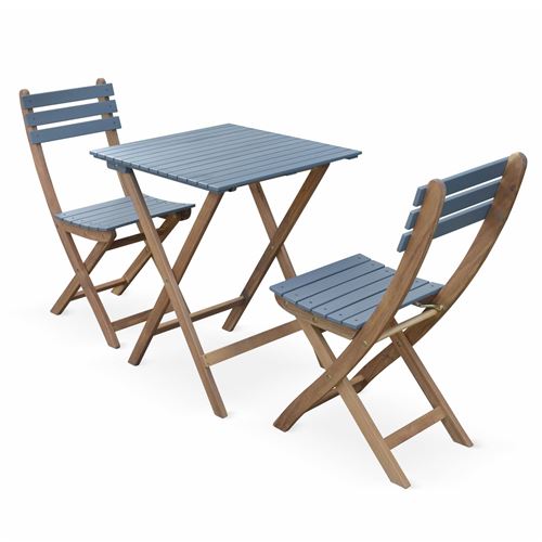 Sweeek Table de jardin bistrot en bois 60x60cm - Barcelona Bois / Bleu - pliante bicolore carrée en acacia avec 2 chaises pliables