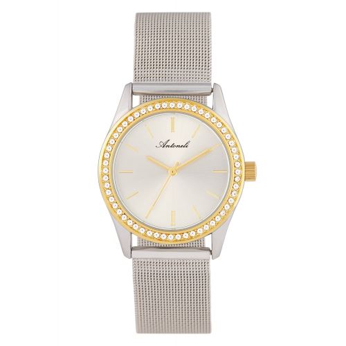 Montre Femme Antoneli à Quartz Cadran Argenté 33mm Et Bracelet Doré En Maille ANTS18063
