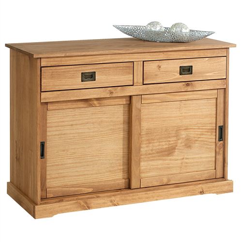 Buffet SAVONA bahut vaisselier commode avec 2 tiroirs et 2 portes coulissantes, en pin massif lasuré brun
