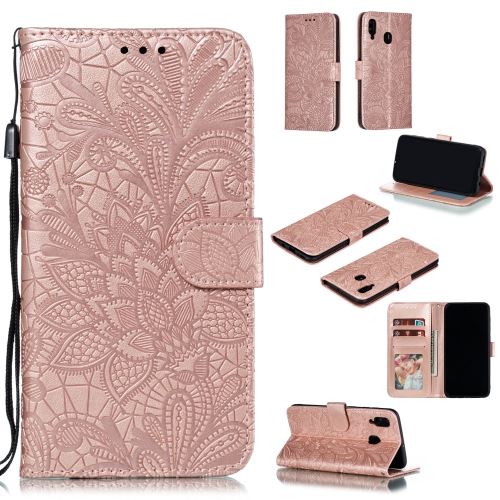 Etui en PU fleur de dentelle or rose pour votre Samsung Galaxy A20/A30