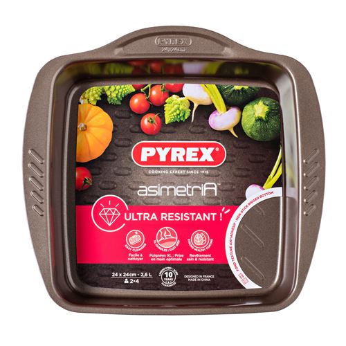 Plat à four carré 24 x 24 cm en métal avec prise en main facile, PYREX asimetriA