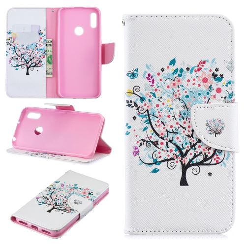 Etui en PU flip stand motif imprimé arbre fleuri pour votre Huawei Y6 (2019)/Y6 Pro (2019)/Y6 Prime (2019)