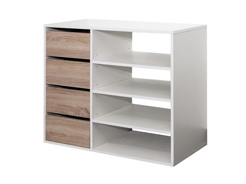Meuble de rangement EMERIC - 4 tiroirs & 4 niches - Coloris Blanc et chêne