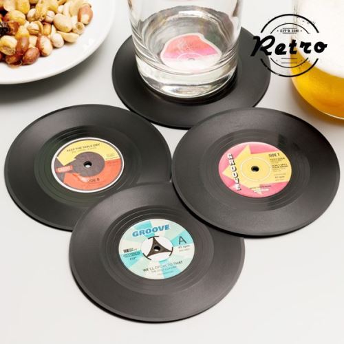 Dessous de verres vintage en forme de disques vinyles (lot de 4) - pour verres, bouteilles, pots de fleurs protection de table