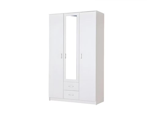 Armoire OLESSIA - 3 portes & 2 tiroirs - Avec miroir - L.120 cm - Blanc