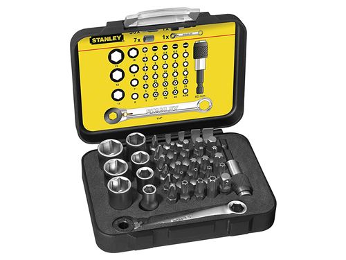 Stanley 1-13-907 - Juego Puntas + Vasos 1/4" + Llave Con Sistema Carraca 40 Piezas