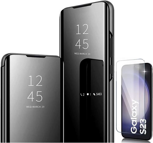 Coque Folio Rabat Miroir Pour Samsung Galaxy S23 Couleur Noir + Verre Trempe Protection Ecran Little Boutik©